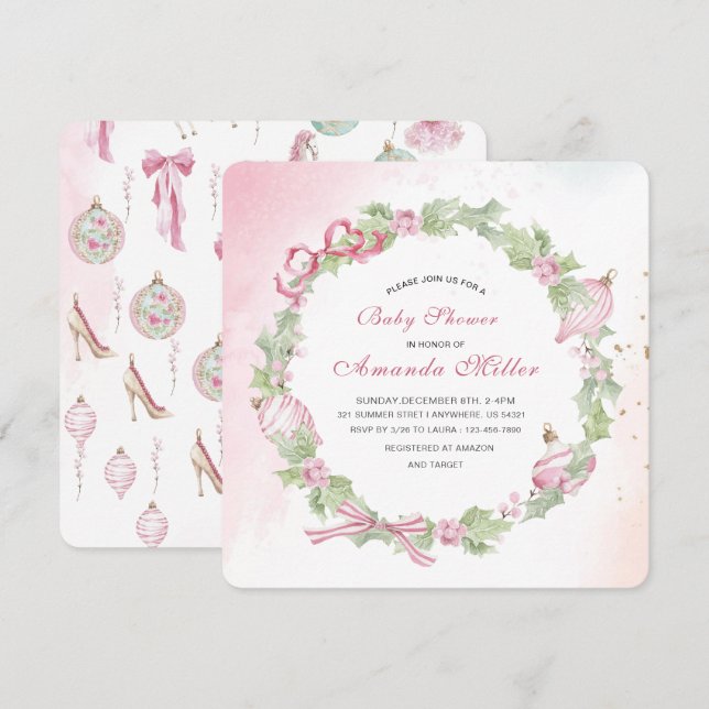 Convite de Natal Ballet Cascanueces Rosa aquarela (Frente/Verso)