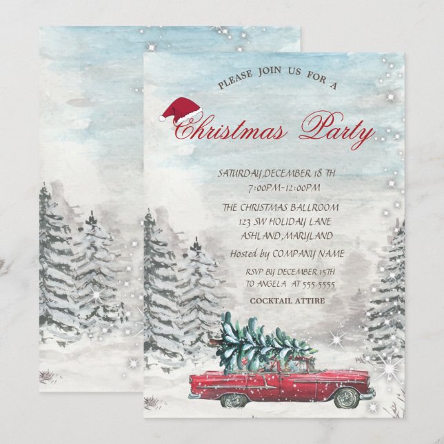 Convite de Natal Caminhão Vermelho Floresta de Pin (Frente/Verso)