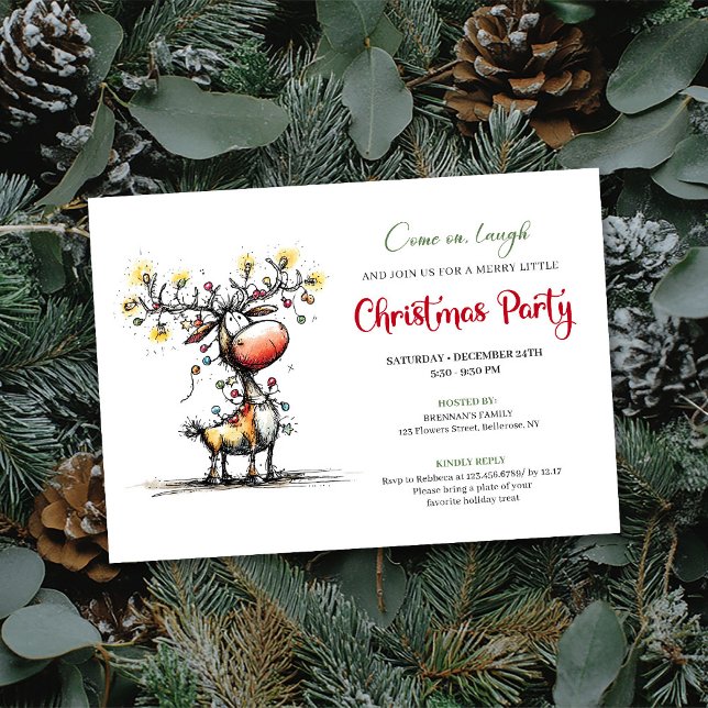 Convite de Natal Caprichoso Rena Verde Vermelho (Whimsical Red Green Reindeer Christmas Invitation)