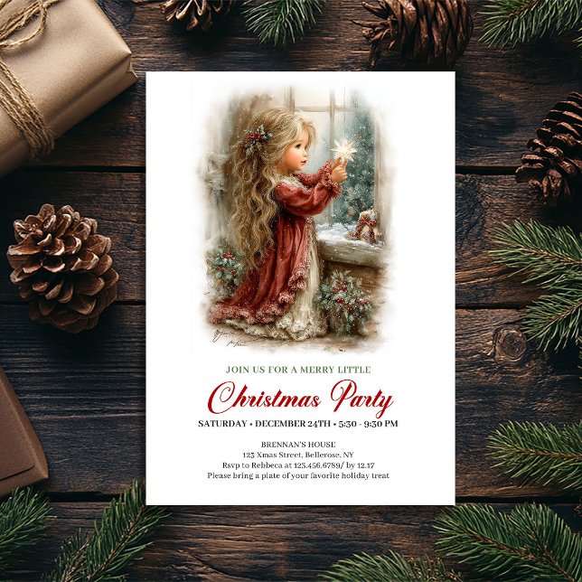 Convite de Natal Cena de Inverno Menina Fofa Desig (Christmas Invitation Cute Girl Winter Scene Design)