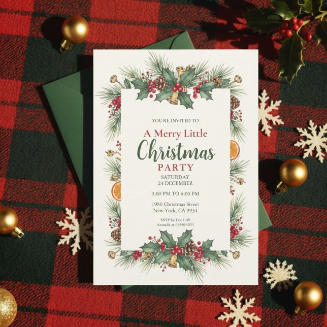 Convite de Natal Clássico com Moldura de Azevinho (Traditional Christmas)
