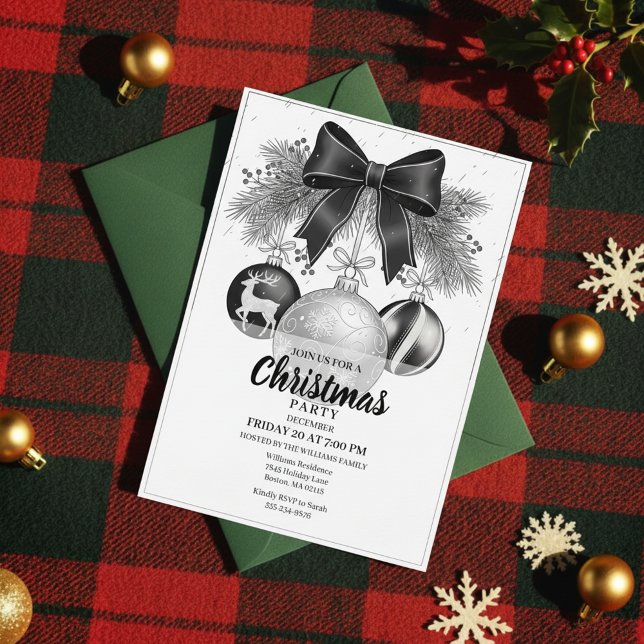 Convite de Natal Clássico Preto e Branco para Fest (Vintage Christmas Party, Timeless Holiday Celebration, Elegant Bow Invitation)