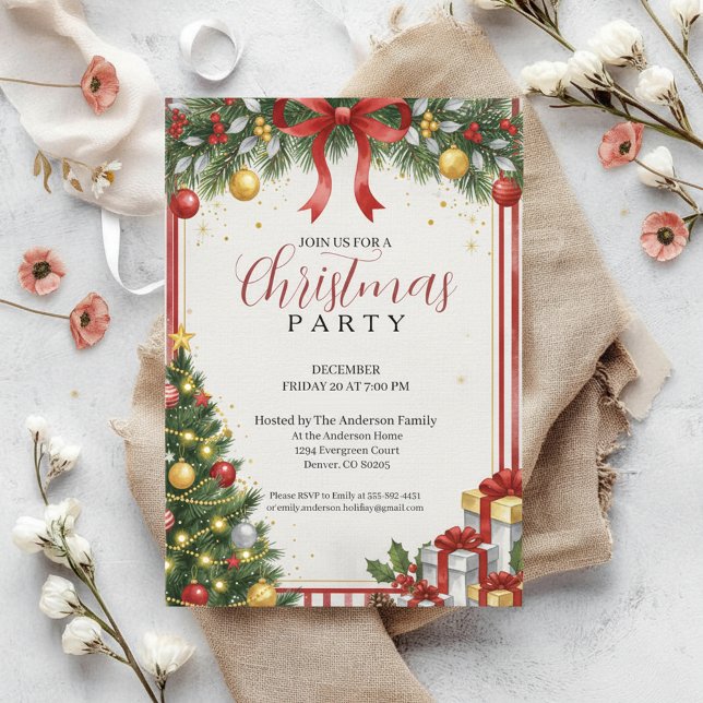 Convite de Natal Clássico Vermelho Dourado (Traditional Christmas Invite)