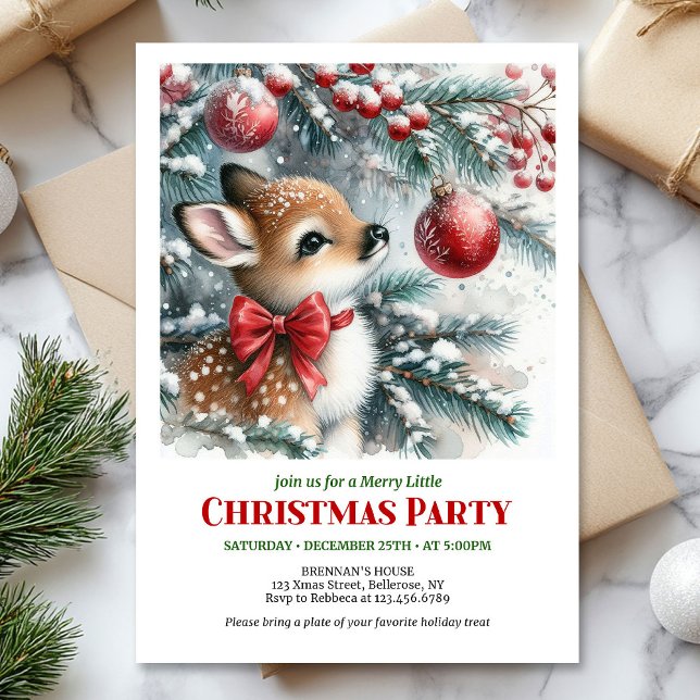 Convite de Natal com cervo bebê em floresta nevada (Bright snowy forest baby deer Christmas invitation)