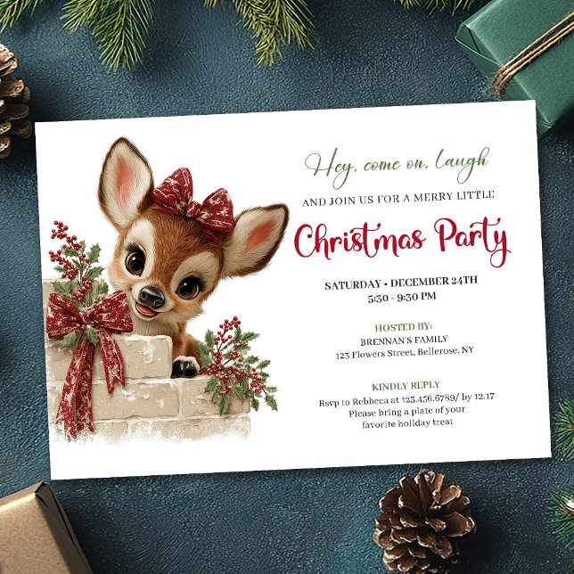 Convite de Natal com cervo curioso editável (Cute peeking reindeer Xmas invite editable file)