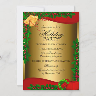 Convite de Natal com Folhas de Azevinho Douradas e