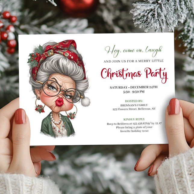 Convite de Natal com humor para senhora caprichosa (Whimsical lady humor Christmas holiday invitation)