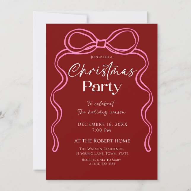 Convite de Natal com laço rosa elegante para festa (Frente)