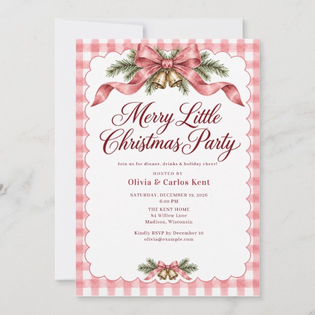 Convite de Natal com Laço Xadrez Rosa (Frente)