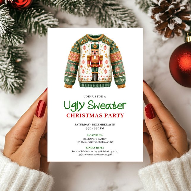 Convite de Natal com Suéter Feio e Divertido (Whimsical Funny Ugly Sweater Xmas Invitation)
