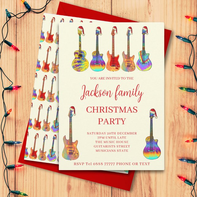 Convite de Natal com Tema de Guitarra Musical (music themed family Christmas party invitation with cool colorful guitars wearing Santa hats)