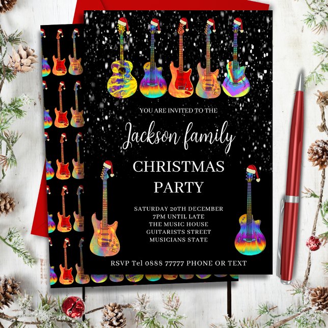 Convite de Natal com Tema de Guitarra Musical (Music themed family christmas party invitation cool colorful rock and roll guitars Santa hats & snow)