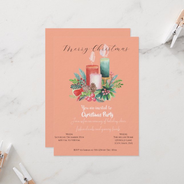 Convite de Natal com Velas em Aquarela (Frente/Verso In Situ)