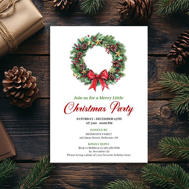 Convite de Natal Coroa de Pinheiro Clássico para F (Classic Pine Wreath Christmas Party Invitation)