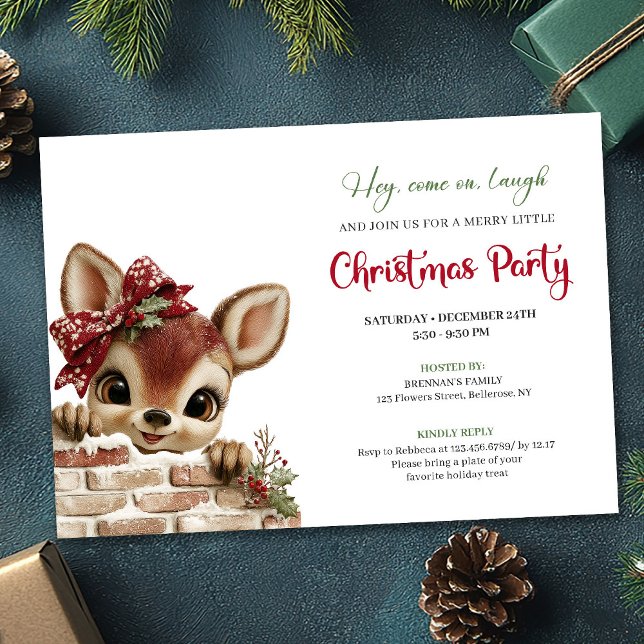 Convite de Natal de cervo bebê alegre desenho anim (Merry baby deer Christmas cute cartoon invite template)