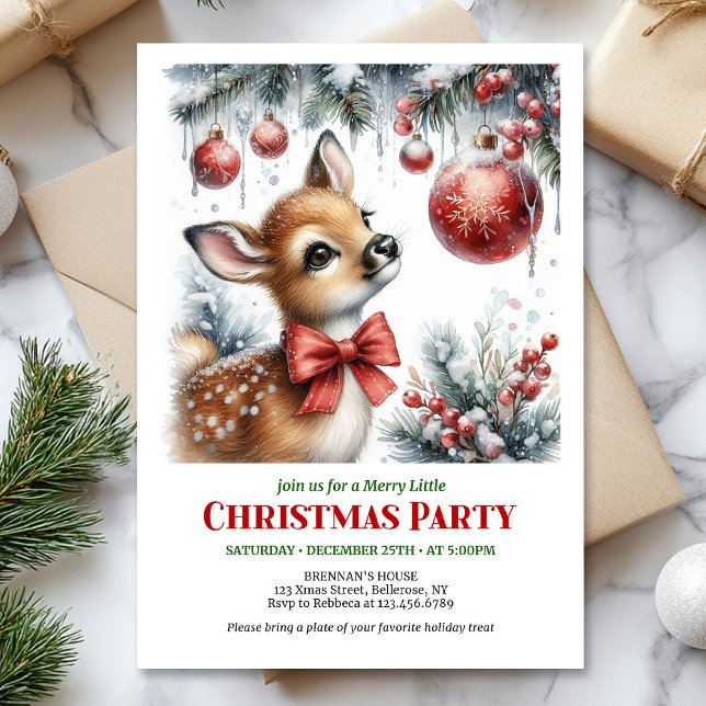 Convite de Natal de cervo bebê na floresta nevada  (Festive snowy forest baby deer Christmas invite editable)