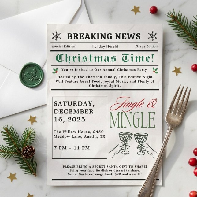 Convite de Natal de Coquetel Jingle e Mingle em Es (Newspaper Jingle and Mingle Cocktail Christmas party holiday vintage modern whimsical Invitation)