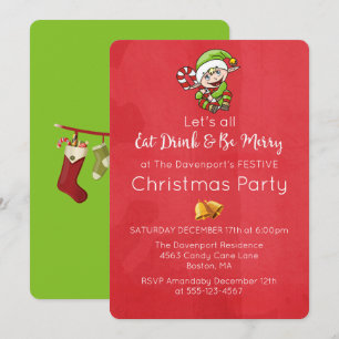 Convite de Natal de Elfo Fofo com Bengala de Natal