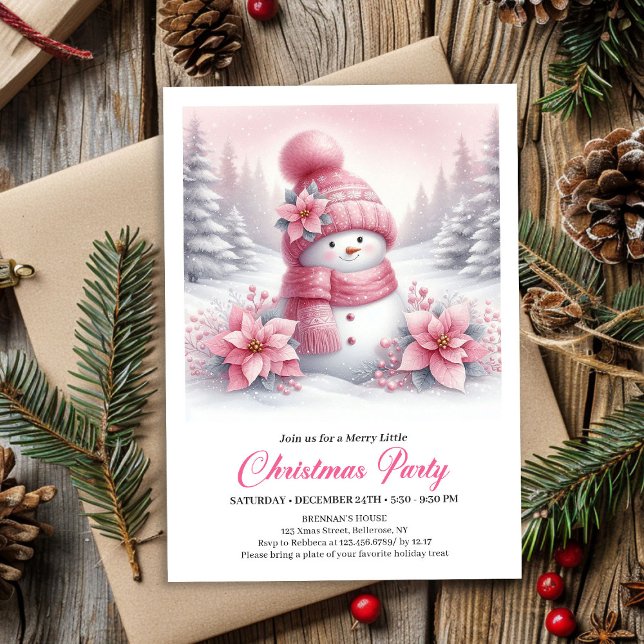 Convite de Natal Digital Infantil Homem de Neve Ro (Elegant Pink Snowman Kids Christmas Invite Digital Design)