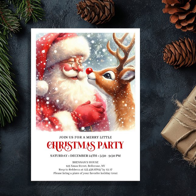 Convite de Natal do Papai Noel e de Rudolph Fofo (Cute Santa and Rudolph Christmas Gathering Invite)