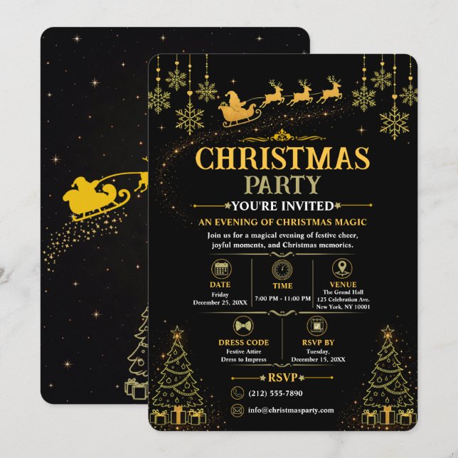 Convite de Natal do Papai Noel Preto e Dourado Ele (Frente/Verso)