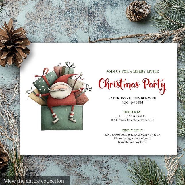 Convite de Natal do Papai Noel Vermelho e Verde Cl (Classic Red Green Funny Santa Christmas Invitation)