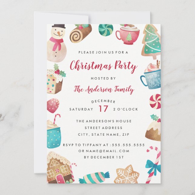 Convite de Natal doce em aquarela para festa de Na (Frente)