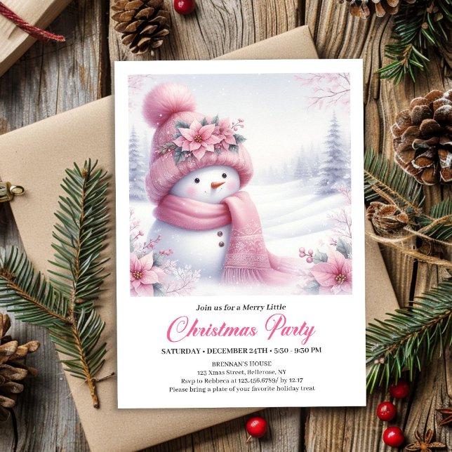Convite de Natal Editável Charmoso Boneco de Neve  (Charming Pink Snowman Editable Christmas Invite for Kids)