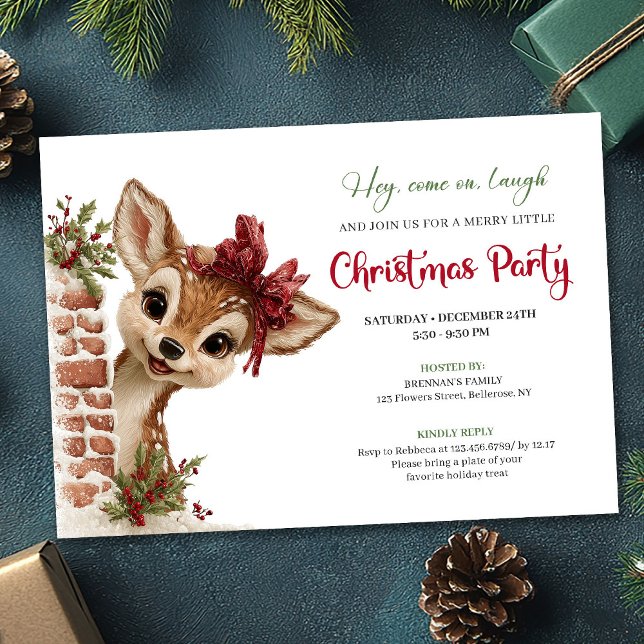 Convite de Natal editável com cervo bebê brincalhã (Playful baby reindeer editable Christmas invite)