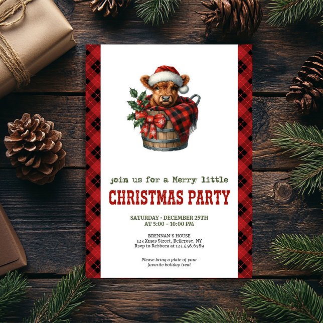 Convite de Natal editável de vaca das Terras Altas (Festive highland cow Christmas invite editable name

)