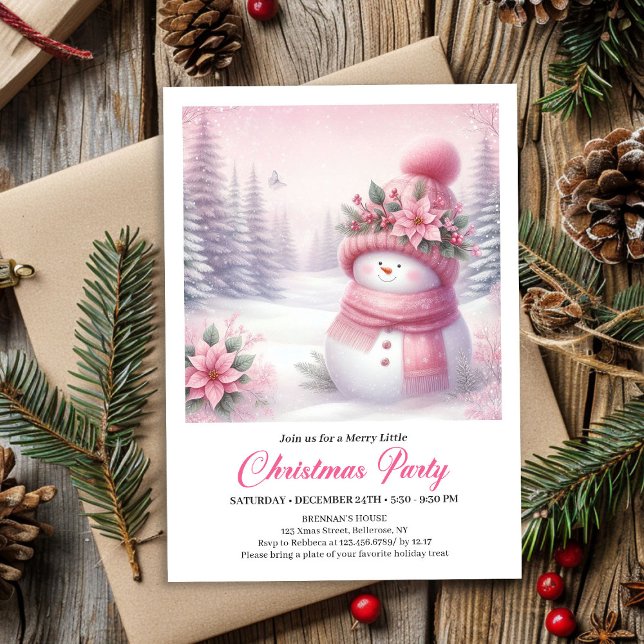 Convite de Natal Editável Maravilhoso Boneco de Ne (Wonderous Pink Snowman Editable Christmas Invite Download)