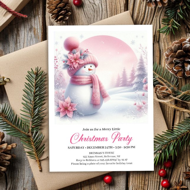 Convite de Natal Elegante Boneco de Neve Rosa para (Elegant Pink Snowman Kids Editable Christmas Invitation

)