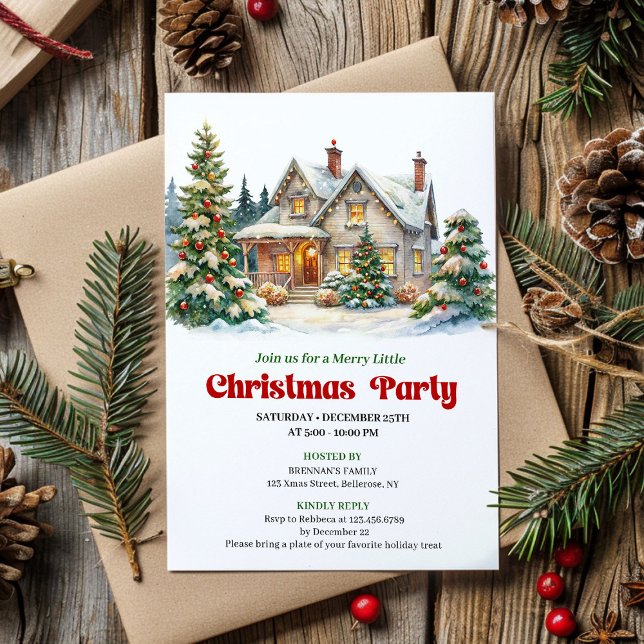 Convite de Natal Elegante de Casa em Aquarela (Elegant Christmas House Watercolor Holiday Invite)