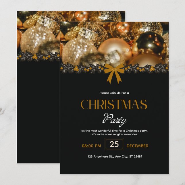 Convite de Natal Elegante em Preto e Dourado (Frente/Verso)