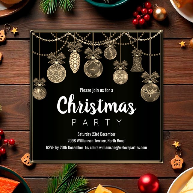 Convite de Natal Elegante Preto e Dourado (Elegant Black and Gold Christmas Party Invitation by the Olde Christmas Shoppe)