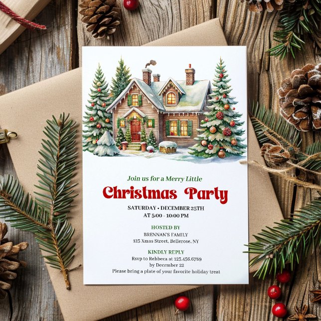 Convite de Natal em Aquarela Cena de Inverno Cláss (Classic Winter Scene Watercolor Christmas Invite)