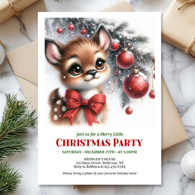 Convite de Natal em aquarela com cervo bebê alegre (Merry baby deer watercolor Christmas invite printable template)
