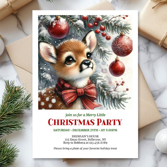 Convite de Natal em aquarela com cervo bebê sereno (Serene baby deer watercolor Christmas invitation printable card)