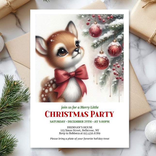 Convite de Natal em aquarela de bebê cervo alegre  (Joyful baby deer watercolor Christmas invite editable template)