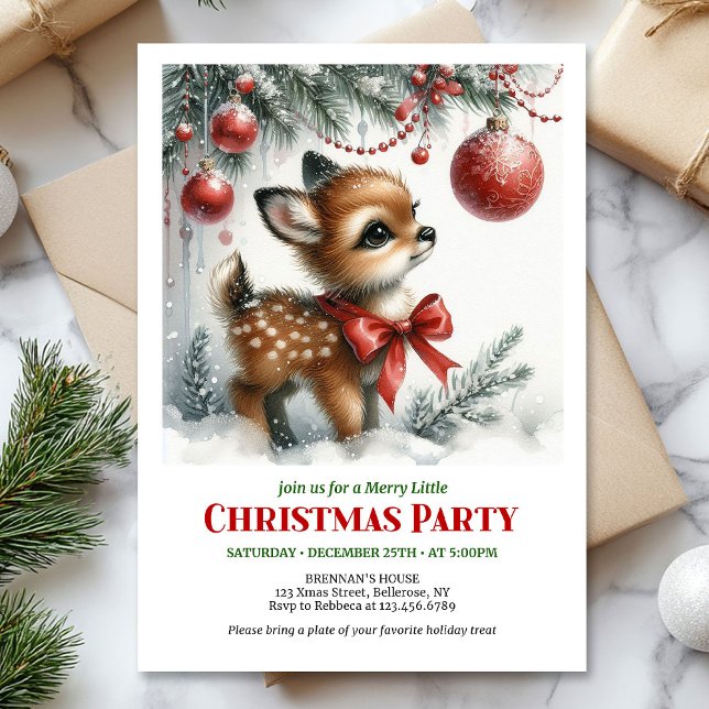 Convite de Natal em aquarela de cervo bebê doce   (Sweet baby deer watercolor Christmas invitation printable template)