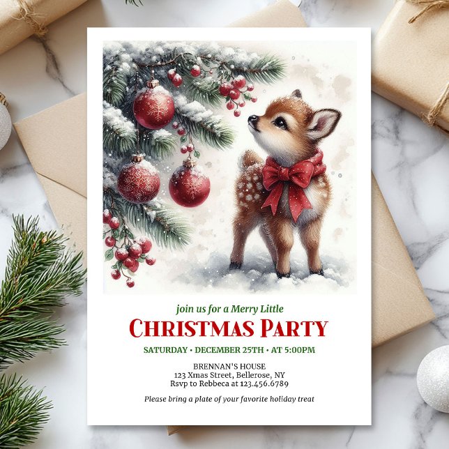Convite de Natal em aquarela elegante com cervo be (Elegant watercolor baby deer snowy forest Christmas invitation

)