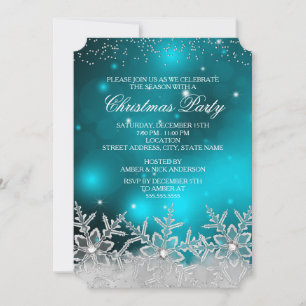 Convite de Natal em Azul Verde com Floco de Neve d