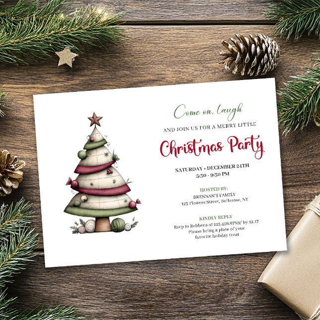 Convite de Natal engraçado com árvore em aquarela  (Whimsical watercolor tree funny Christmas invite)