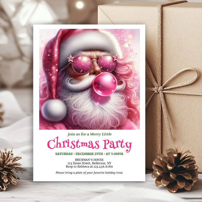 Convite de Natal engraçado com bolha de chiclete r (Cute Pink Santa Bubble Gum Funny Christmas Invitation

)