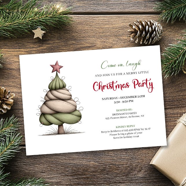Convite de Natal engraçado em aquarela árvore verm (Funny watercolor tree red green Christmas invite)