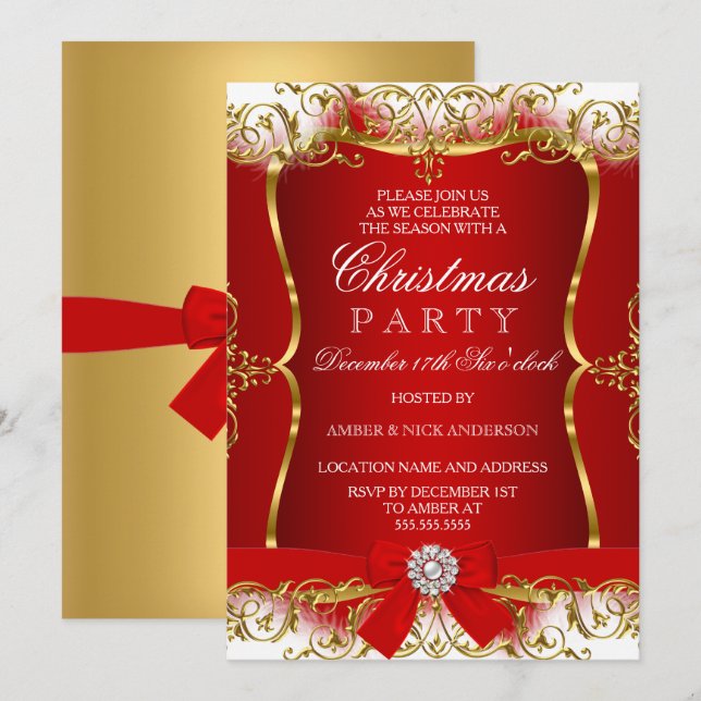 Convite de Natal Festa com Laço Damasco Dourado e  (Frente/Verso)