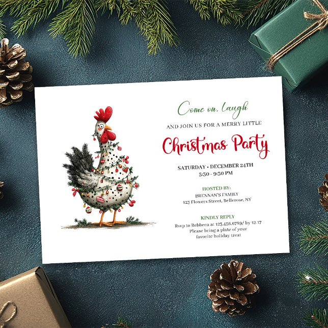 Convite de Natal Festivo de Galinha em Aquarela Di (Funny Watercolor Chickens Festive Christmas Invite)