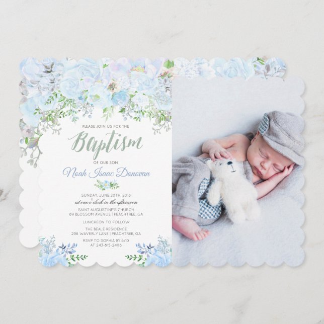 Convite de Natal Floral Blue Baptism (Frente/Verso)