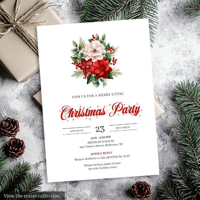 Convite de Natal Floral de Poinsettia Vermelha com (Modern Script Red Poinsettia Floral Christmas Invitation)