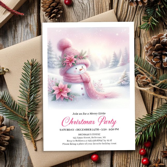 Convite de Natal Floresta Nevada Rosa Homem de Nev (Bright Snowy Forest Pink Snowman Christmas Invite Digital)